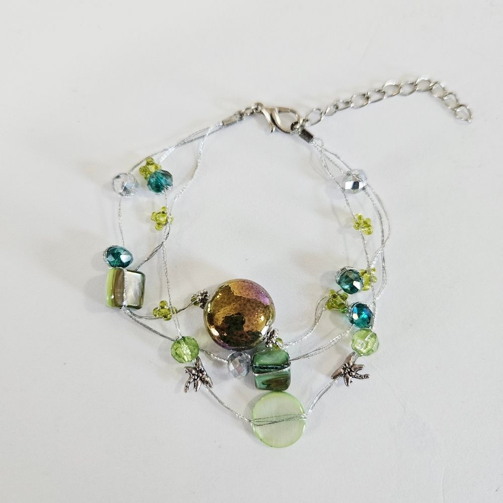 Vintage Y2K Multi-Strand Green Blue Rhinestone Crystal Beaded Palm Tree Bracelet